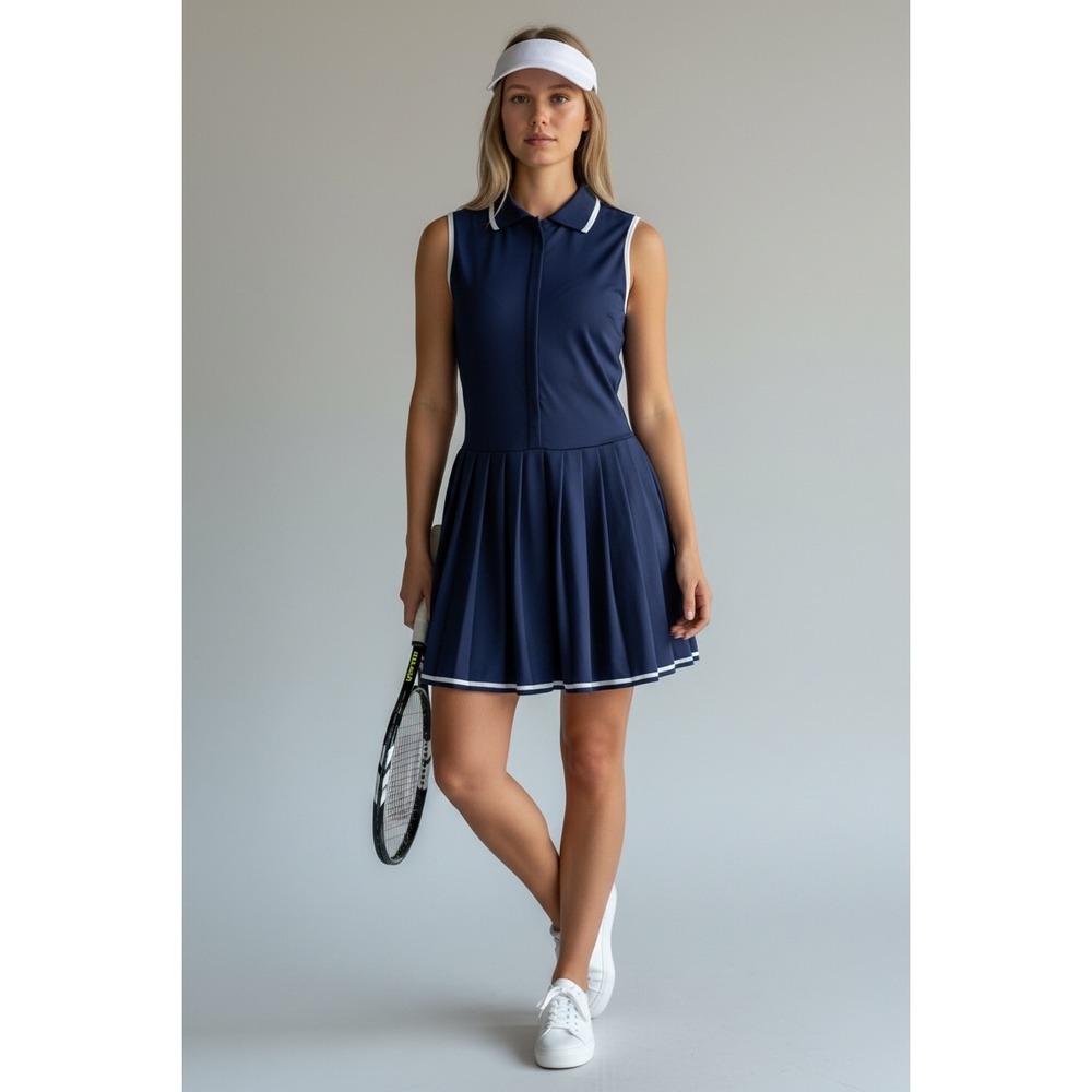 NEW Navy Blue Pleated Tennis Golf Dress Sleeveless‎ Polo Zip Front Size Large